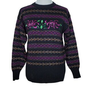 Meister Vintage Wool Blend Sweater Size Small Embroidered Floral Metallic